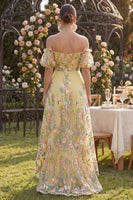 Load image into Gallery viewer, Floral Puff Sleeves Butter Yellow A Line High Low Wedding Guest Dress
