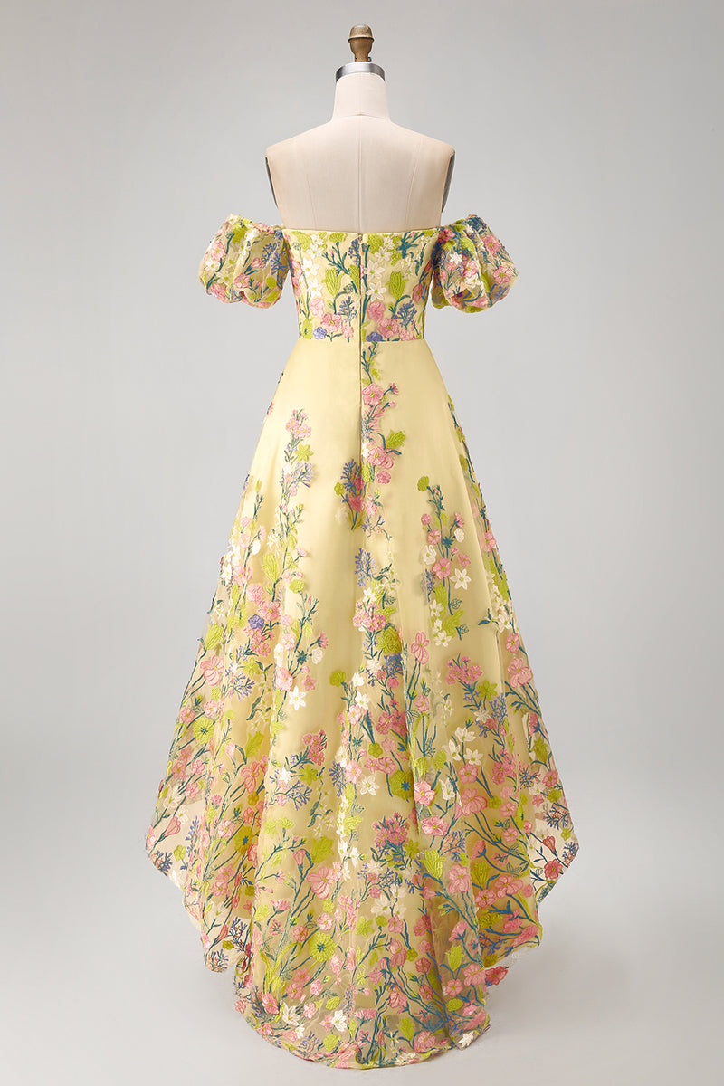 Load image into Gallery viewer, Floral Puff Sleeves Butter Yellow A Line High Low Wedding Guest Dress