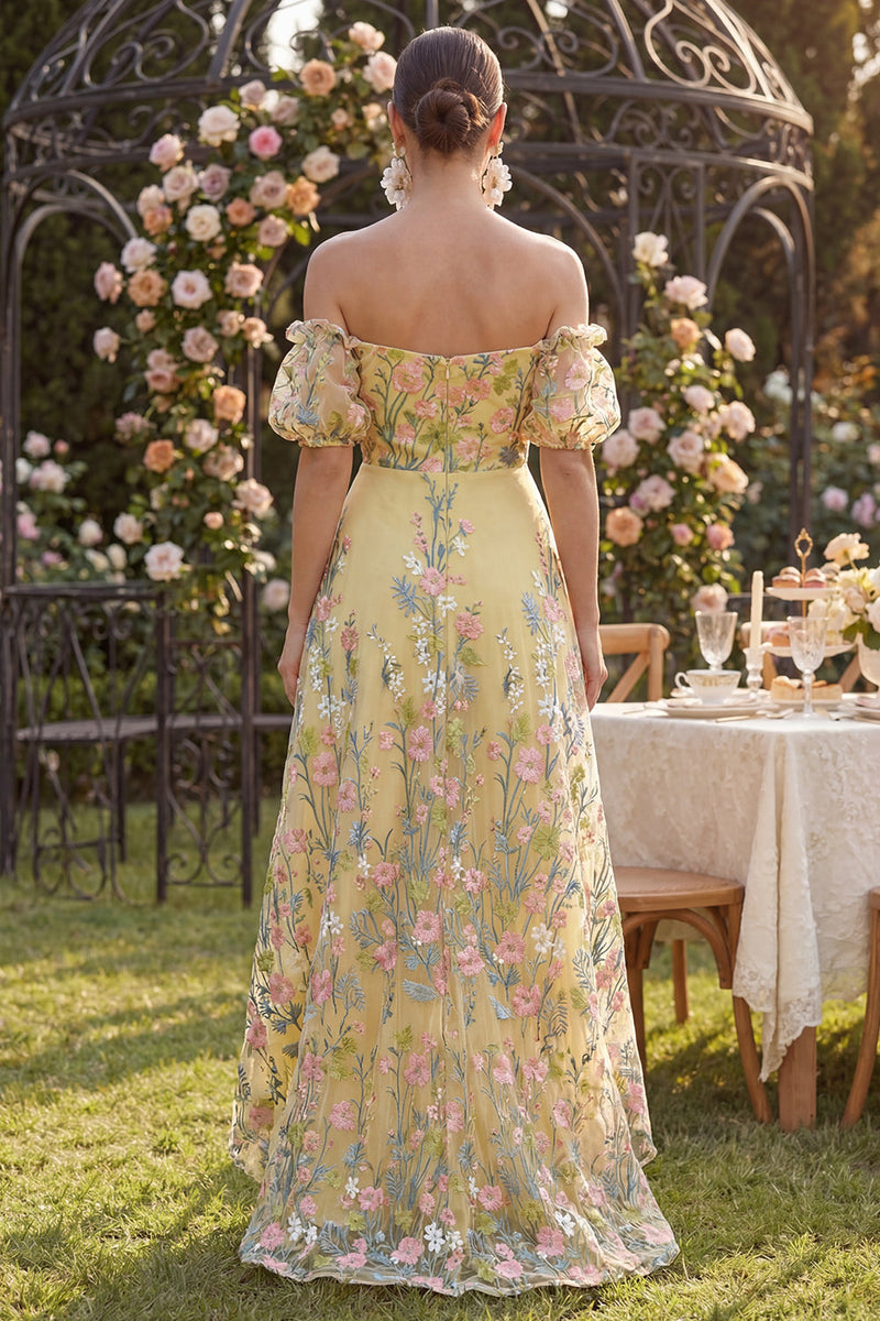 Load image into Gallery viewer, Floral Puff Sleeves Butter Yellow A Line High Low Wedding Guest Dress