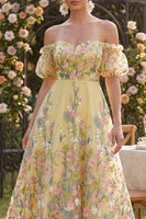 Load image into Gallery viewer, Floral Puff Sleeves Butter Yellow A Line High Low Wedding Guest Dress