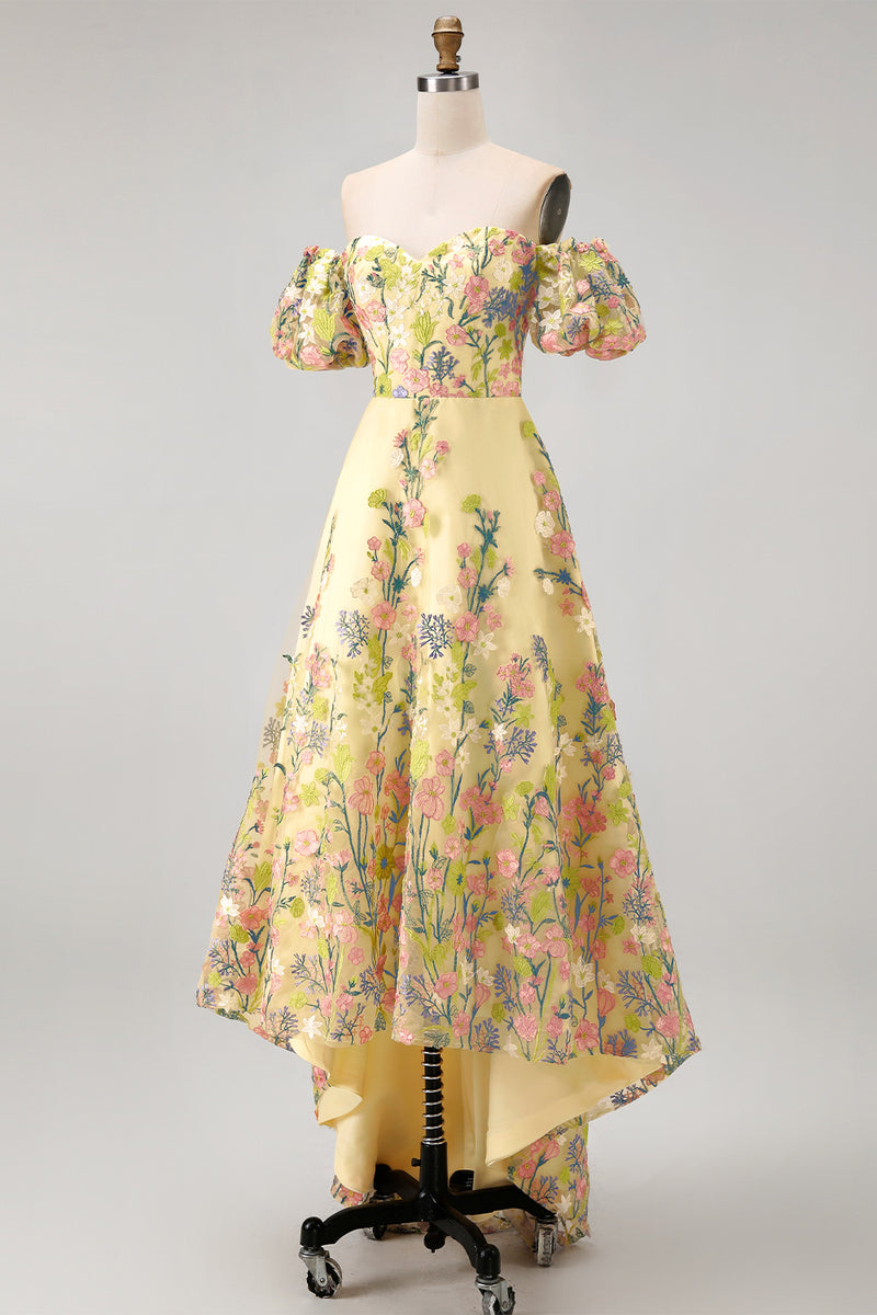 Load image into Gallery viewer, Floral Puff Sleeves Butter Yellow A Line High Low Wedding Guest Dress