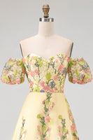 Load image into Gallery viewer, Floral Puff Sleeves Butter Yellow A Line High Low Wedding Guest Dress