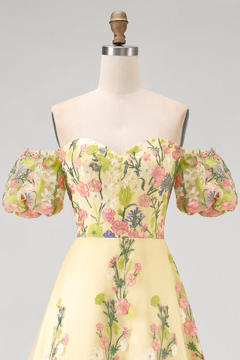 Load image into Gallery viewer, Floral Puff Sleeves Butter Yellow A Line High Low Wedding Guest Dress