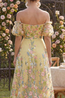 Load image into Gallery viewer, Floral Puff Sleeves Butter Yellow A Line High Low Wedding Guest Dress