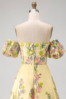 Load image into Gallery viewer, Floral Puff Sleeves Butter Yellow A Line High Low Wedding Guest Dress