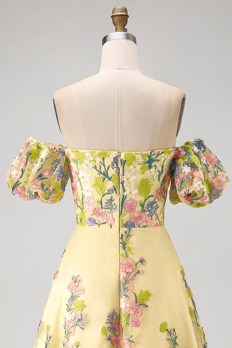 Load image into Gallery viewer, Floral Puff Sleeves Butter Yellow A Line High Low Wedding Guest Dress
