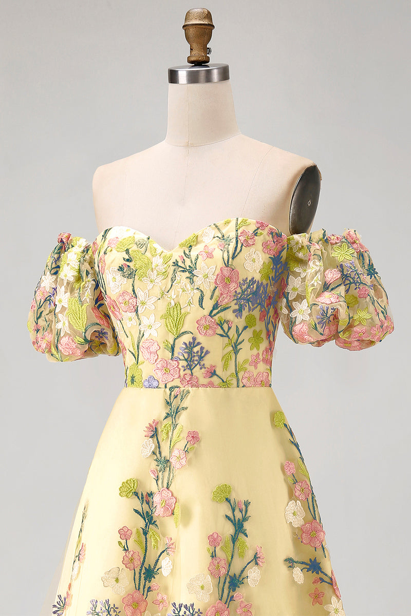 Load image into Gallery viewer, Floral Puff Sleeves Butter Yellow A Line High Low Wedding Guest Dress