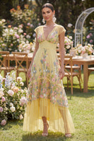 Load image into Gallery viewer, Cap Sleeves Floral Butter Yellow Maxi A Line Wedding Guest Dress with Ruffles