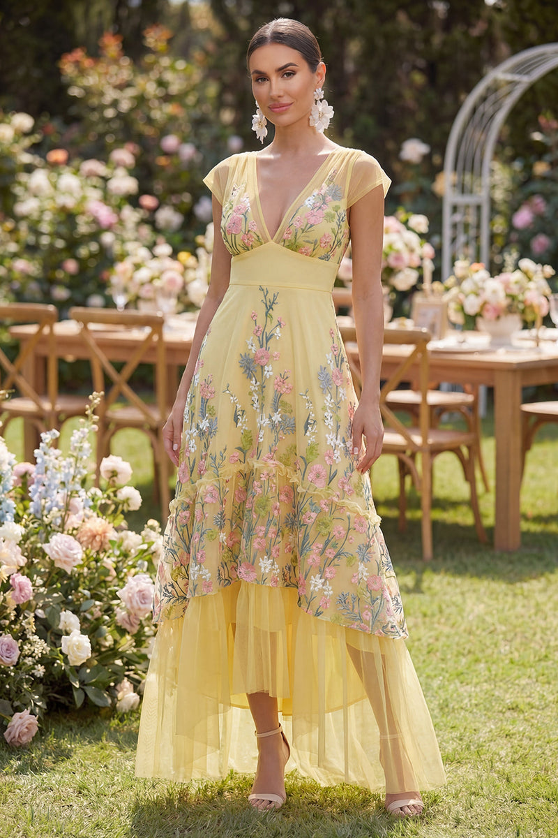 Load image into Gallery viewer, Cap Sleeves Floral Butter Yellow Maxi A Line Wedding Guest Dress with Ruffles