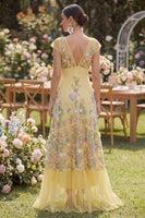 Load image into Gallery viewer, Cap Sleeves Floral Butter Yellow Maxi A Line Wedding Guest Dress with Ruffles