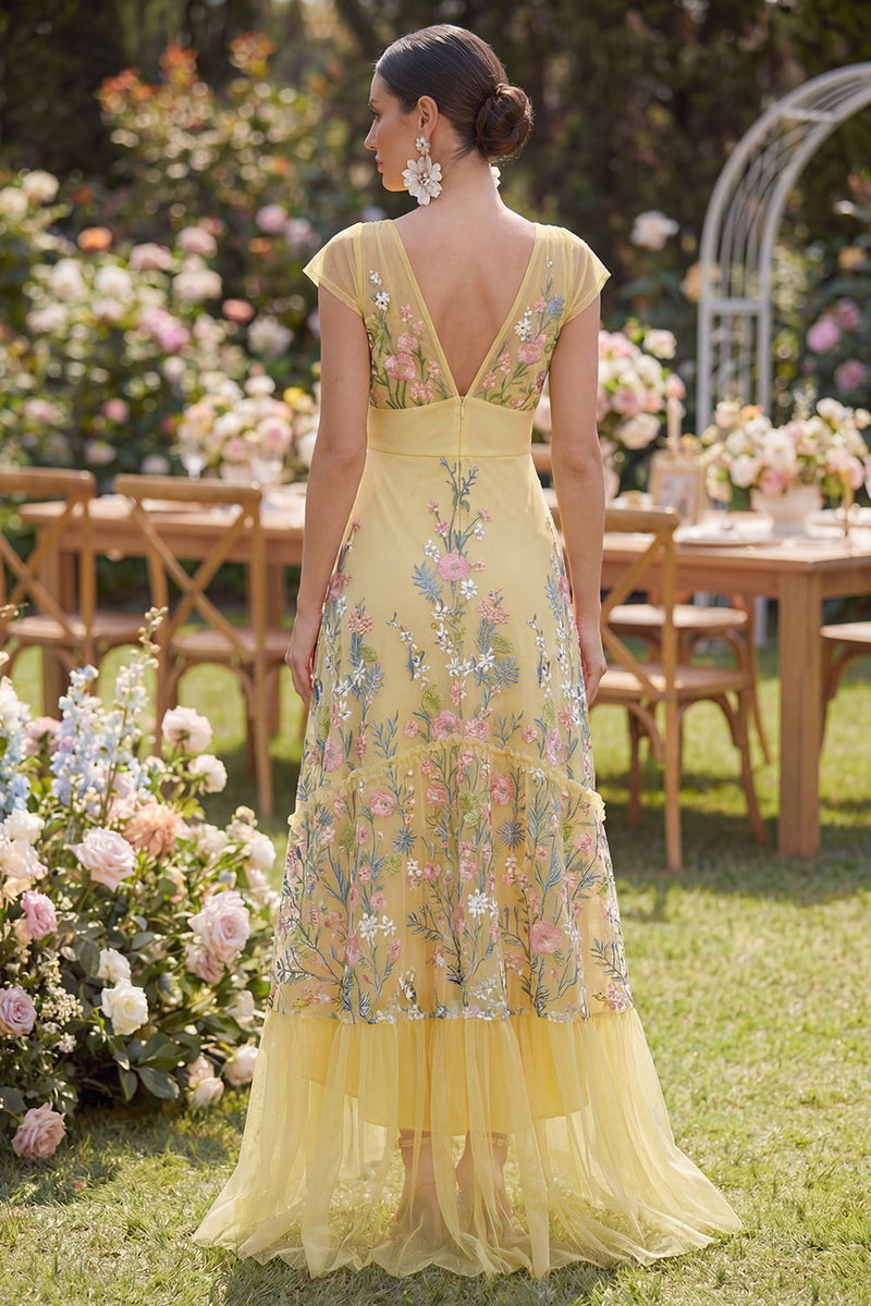Load image into Gallery viewer, Cap Sleeves Floral Butter Yellow Maxi A Line Wedding Guest Dress with Ruffles