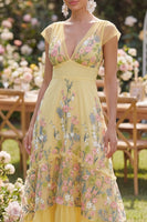 Load image into Gallery viewer, Cap Sleeves Floral Butter Yellow Maxi A Line Wedding Guest Dress with Ruffles