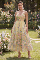 Load image into Gallery viewer, Spaghetti Straps Butter Yellow Floral A Line Maxi Wedding Guest Dress