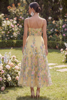 Spaghetti Straps Butter Yellow Floral A Line Maxi Wedding Guest Dress