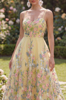 Load image into Gallery viewer, Spaghetti Straps Butter Yellow Floral A Line Maxi Wedding Guest Dress