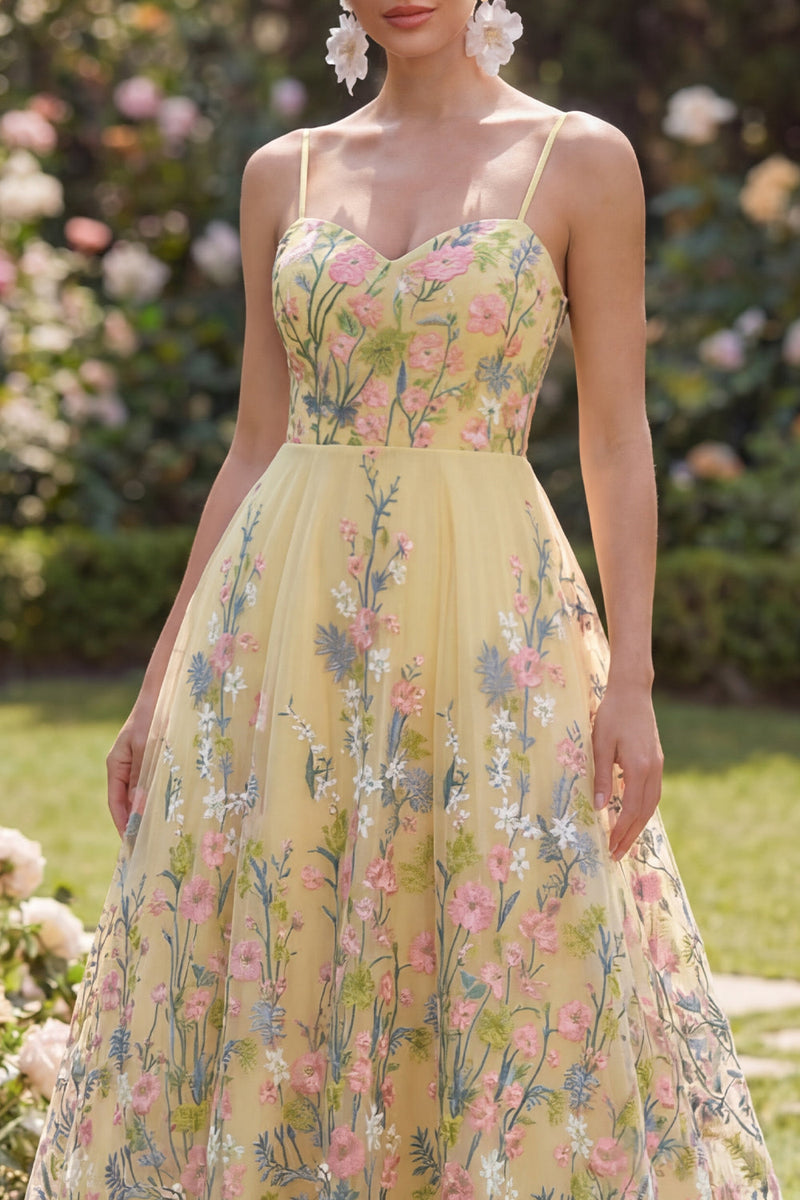 Load image into Gallery viewer, Spaghetti Straps Butter Yellow Floral A Line Maxi Wedding Guest Dress