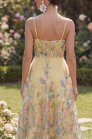 Load image into Gallery viewer, Spaghetti Straps Butter Yellow Floral A Line Maxi Wedding Guest Dress