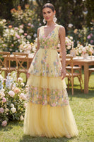 Load image into Gallery viewer, Butter Yellow Floral V-Neck A Line Long Wedding Guest Dress with Ruffles