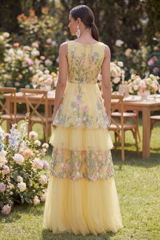 Butter Yellow Floral V-Neck A Line Long Wedding Guest Dress with Ruffles