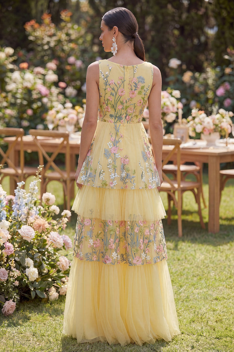 Load image into Gallery viewer, Butter Yellow Floral V-Neck A Line Long Wedding Guest Dress with Ruffles