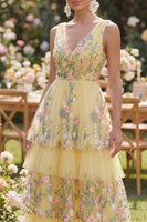 Load image into Gallery viewer, Butter Yellow Floral V-Neck A Line Long Wedding Guest Dress with Ruffles