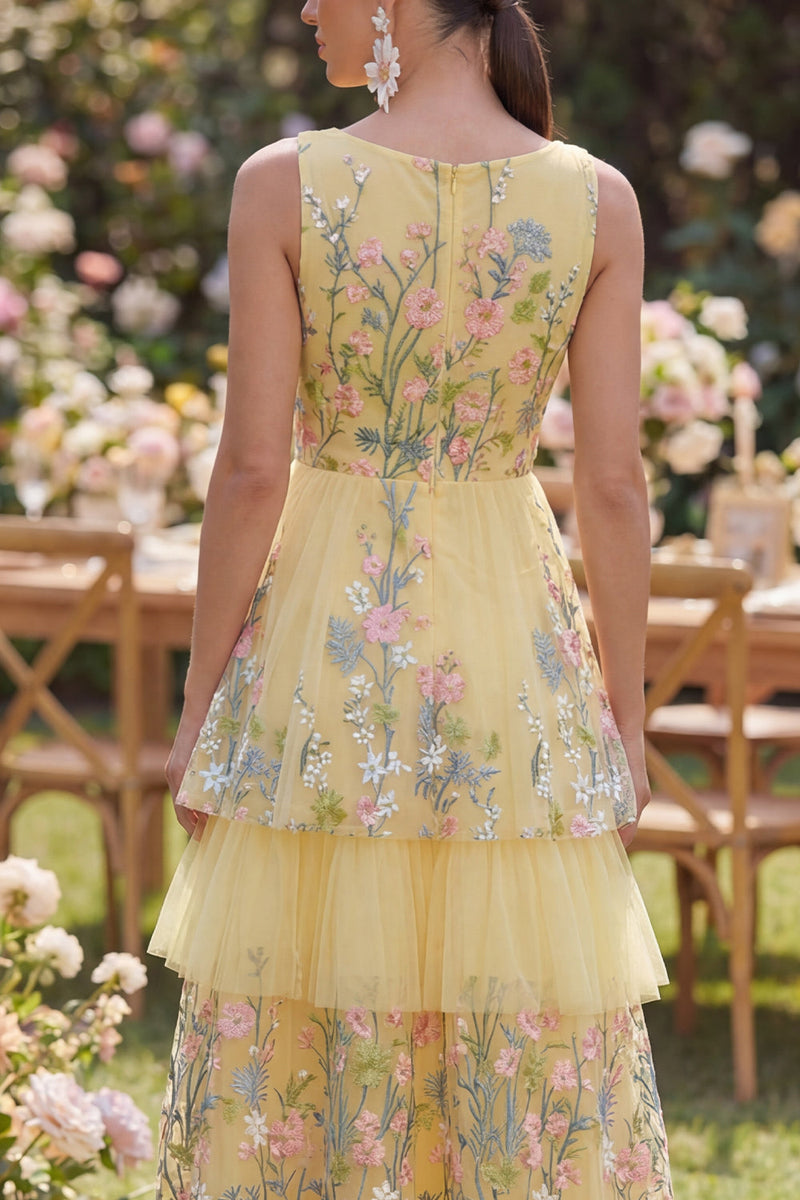 Load image into Gallery viewer, Butter Yellow Floral V-Neck A Line Long Wedding Guest Dress with Ruffles
