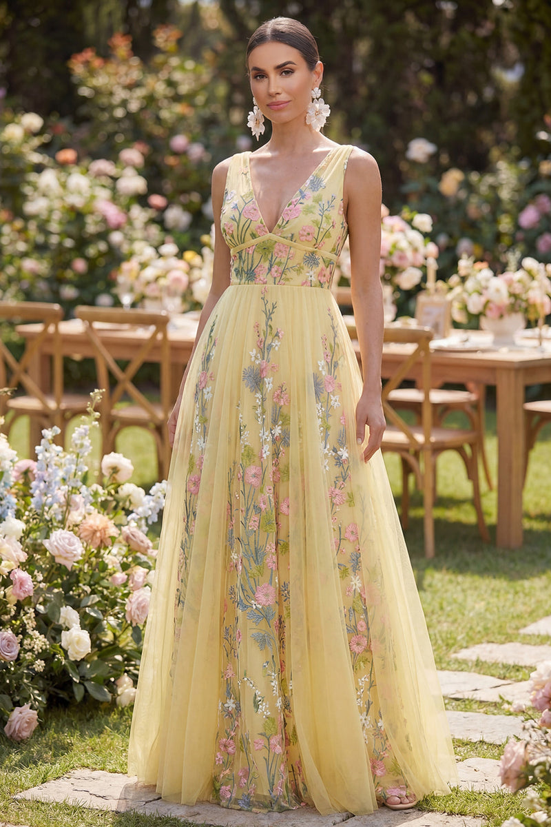 Load image into Gallery viewer, A Line Long Floral V-Neck Butter Yellow Wedding Guest Dress