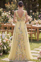 Load image into Gallery viewer, A Line Long Floral V-Neck Butter Yellow Wedding Guest Dress