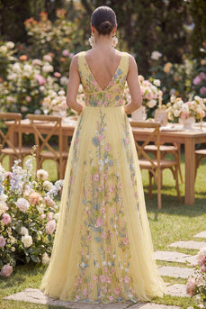 A Line Long Floral V-Neck Butter Yellow Wedding Guest Dress