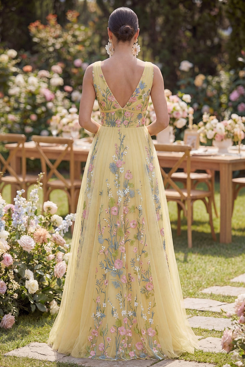 Load image into Gallery viewer, A Line Long Floral V-Neck Butter Yellow Wedding Guest Dress