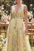 Load image into Gallery viewer, A Line Long Floral V-Neck Butter Yellow Wedding Guest Dress