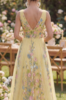 Load image into Gallery viewer, A Line Long Floral V-Neck Butter Yellow Wedding Guest Dress
