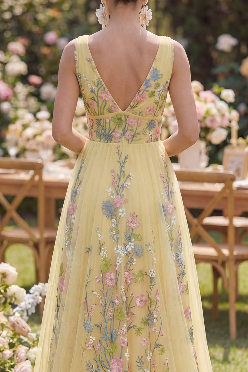 Load image into Gallery viewer, A Line Long Floral V-Neck Butter Yellow Wedding Guest Dress
