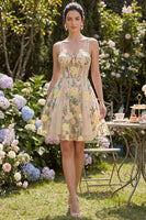 Load image into Gallery viewer, Champagne Short Spaghetti Straps Floral Corset A Line Wedding Guest Dress