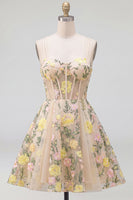Load image into Gallery viewer, Champagne Short Spaghetti Straps Floral Corset A Line Wedding Guest Dress