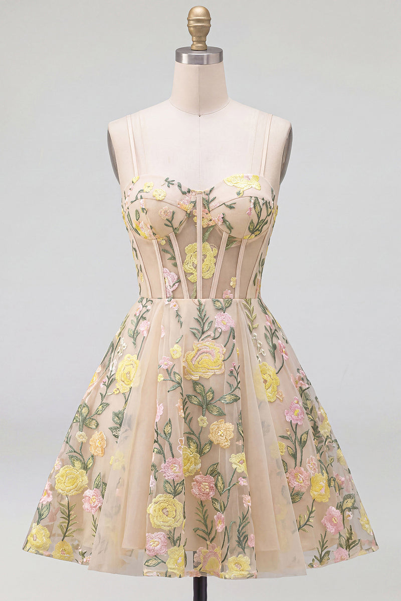 Load image into Gallery viewer, Champagne Short Spaghetti Straps Floral Corset A Line Wedding Guest Dress