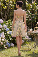 Load image into Gallery viewer, Champagne Short Spaghetti Straps Floral Corset A Line Wedding Guest Dress