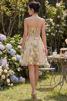 Champagne Short Spaghetti Straps Floral Corset A Line Wedding Guest Dress
