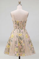 Load image into Gallery viewer, Champagne Short Spaghetti Straps Floral Corset A Line Wedding Guest Dress