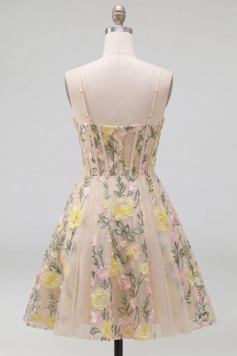 Load image into Gallery viewer, Champagne Short Spaghetti Straps Floral Corset A Line Wedding Guest Dress