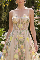 Load image into Gallery viewer, Champagne Short Spaghetti Straps Floral Corset A Line Wedding Guest Dress