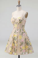 Load image into Gallery viewer, Champagne Short Spaghetti Straps Floral Corset A Line Wedding Guest Dress