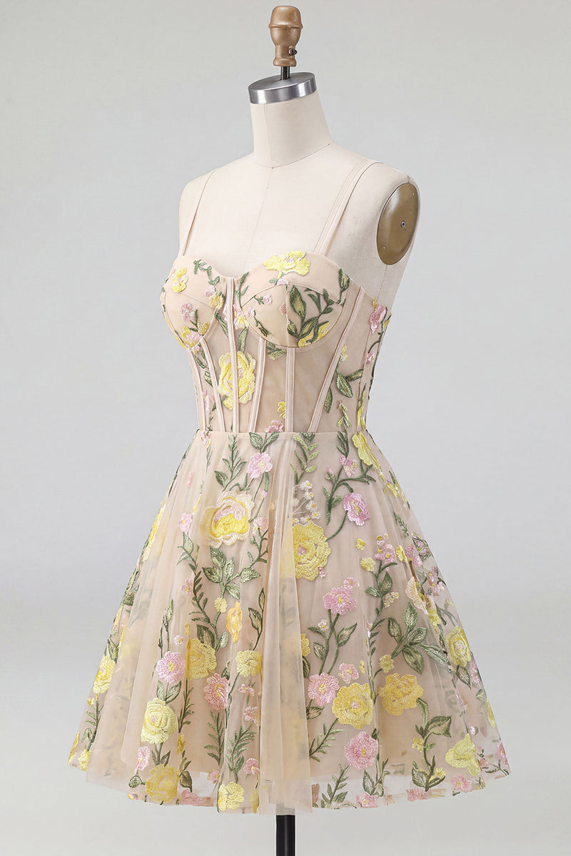 Load image into Gallery viewer, Champagne Short Spaghetti Straps Floral Corset A Line Wedding Guest Dress