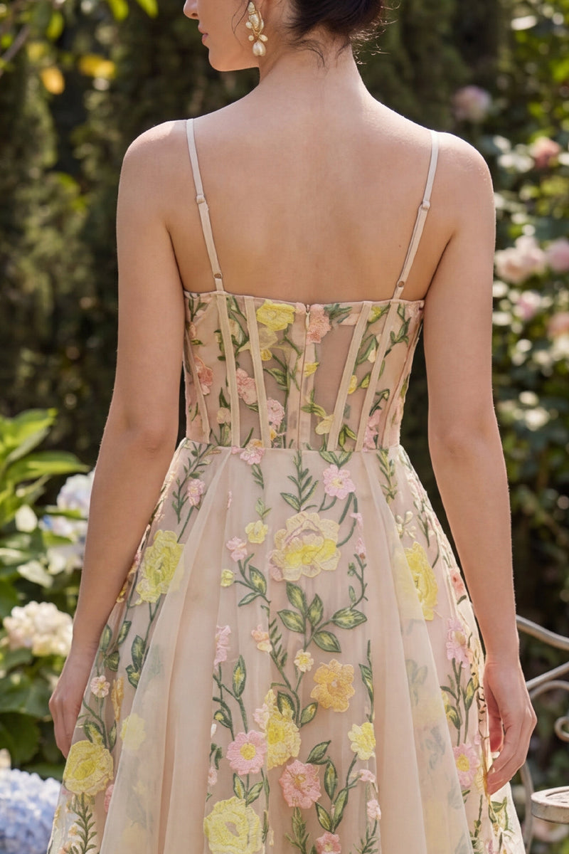 Load image into Gallery viewer, Champagne Short Spaghetti Straps Floral Corset A Line Wedding Guest Dress