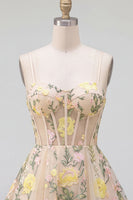 Load image into Gallery viewer, Champagne Short Spaghetti Straps Floral Corset A Line Wedding Guest Dress