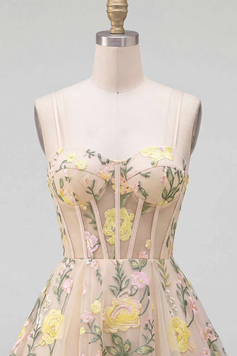 Load image into Gallery viewer, Champagne Short Spaghetti Straps Floral Corset A Line Wedding Guest Dress