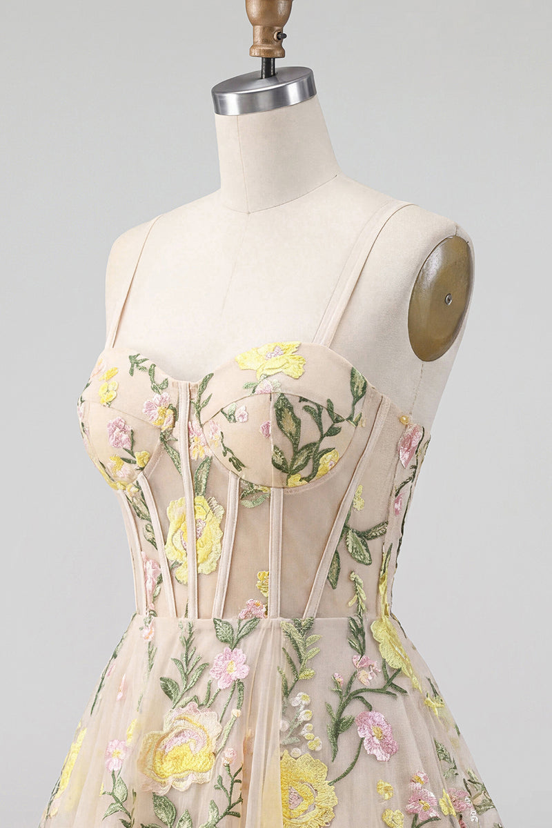 Load image into Gallery viewer, Champagne Short Spaghetti Straps Floral Corset A Line Wedding Guest Dress