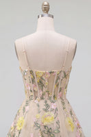 Load image into Gallery viewer, Champagne Short Spaghetti Straps Floral Corset A Line Wedding Guest Dress
