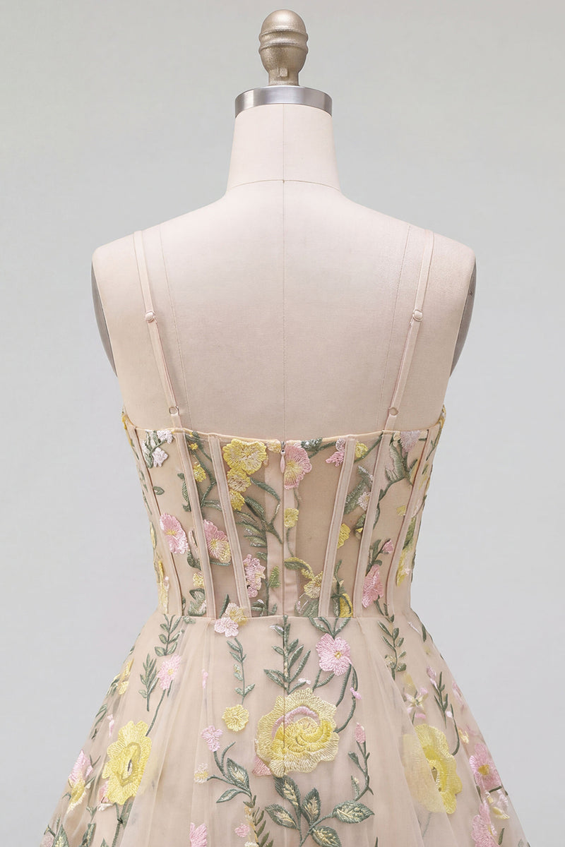 Load image into Gallery viewer, Champagne Short Spaghetti Straps Floral Corset A Line Wedding Guest Dress