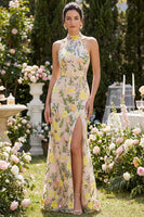 Load image into Gallery viewer, High Neck Floral Mermaid Champagne Open Back Long Wedding Guest Dress with Slit